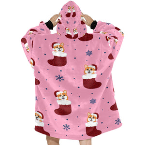 Glittery Red Christmas Stocking Corgis Blanket Hoodie for Women-8