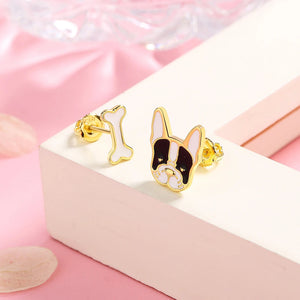 Gold-Tone Boston Terrier and Bone Stud Earrings-Dog Themed Jewellery-Boston Terrier, Earrings, Jewellery-E2346-4