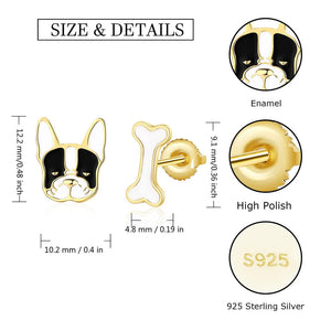 Gold-Tone Pied French Bulldog and Bone Stud Earrings-Dog Themed Jewellery-Earrings, French Bulldog, Jewellery-E2346-2