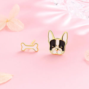 Gold-Tone Pied French Bulldog and Bone Stud Earrings-Dog Themed Jewellery-Earrings, French Bulldog, Jewellery-E2346-3