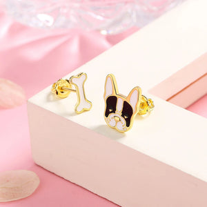 Gold-Tone Pied French Bulldog and Bone Stud Earrings-Dog Themed Jewellery-Earrings, French Bulldog, Jewellery-E2346-4