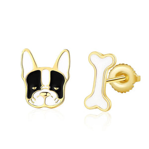 Gold-Tone Pied French Bulldog and Bone Stud Earrings-Dog Themed Jewellery-Earrings, French Bulldog, Jewellery-E2346-5