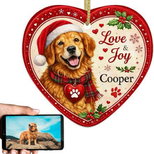Load image into Gallery viewer, Golden Retriever Christmas Ornament - Love &amp; Joy Heart Shaped Portrait - Personalized with Name-Christmas Ornament-Christmas,Golden Retriever,Personalize Artwork-1