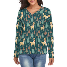 Load image into Gallery viewer, Golden Retriever Festive Tree Celebration Women&#39;s V-Neck Christmas Sweater-Apparel-Apparel,Christmas,Dog Mom Gifts,Golden Retriever,Sweater,Sweatshirt-S-White4-1