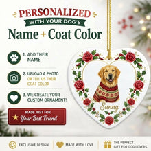 Load image into Gallery viewer, Golden Retriever Ornament - Personalized Heart Shaped Christmas Rose Border - with Name-Christmas Ornament-Christmas,Golden Retriever,Personalize Artwork-2