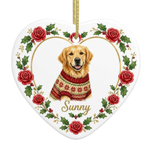 Load image into Gallery viewer, Golden Retriever Ornament - Personalized Heart Shaped Christmas Rose Border - with Name-Christmas Ornament-Christmas,Golden Retriever,Personalize Artwork-4