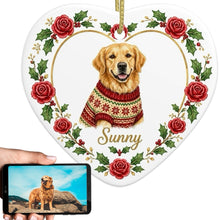 Load image into Gallery viewer, Golden Retriever Ornament - Personalized Heart Shaped Christmas Rose Border - with Name-Christmas Ornament-Christmas,Golden Retriever,Personalize Artwork-1