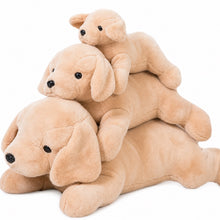 Load image into Gallery viewer, Three small golden retriever plush puppy toys stacked on top of each other, made of soft tan fabric with black embroidered eyes and noses, photographed on a plain white background.