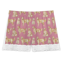 Load image into Gallery viewer, Golden Retriever Shorts for Women - Lace Trim Design - Watercolor Delight Golden Retrievers-Pajamas-Apparel,Dog Mom Gifts,Golden Retriever,Pajamas-11