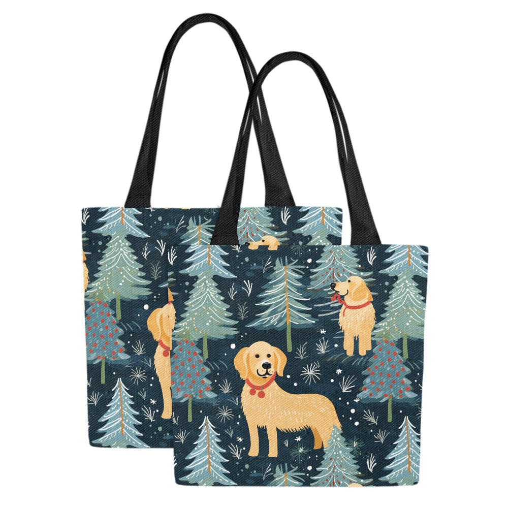 Golden Retriever Winter Forest Fest Large Canvas Tote Bags-3