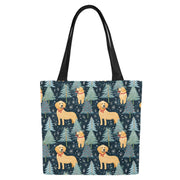 Golden Retriever Winter Forest Fest Large Canvas Tote Bags-5