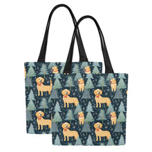Load image into Gallery viewer, Golden Retriever Winter Forest Fest Large Canvas Tote Bags-6