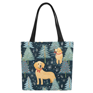 Golden Retriever Winter Forest Fest Large Canvas Tote Bags-White1-ONESIZE-1