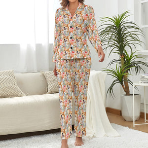 Goofy Corgis & Colorful Blossoms Pajama Set for Women-Pajamas-Apparel, Corgi, Pajamas-2