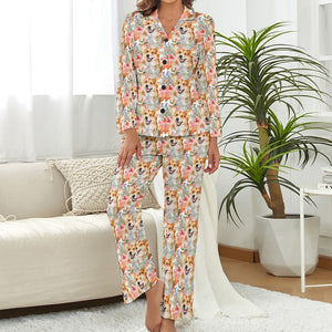 Goofy Corgis & Colorful Blossoms Pajama Set for Women-Pajamas-Apparel, Corgi, Pajamas-3