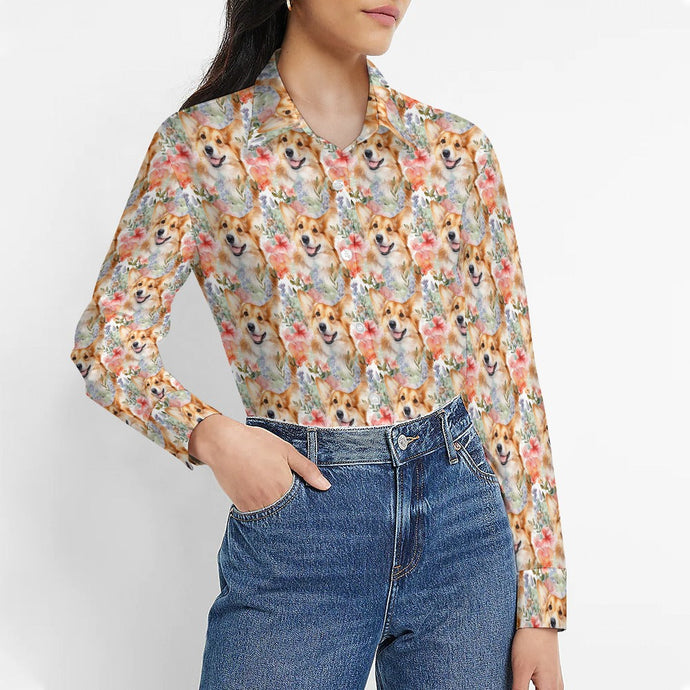 Goofy Corgis & Colorful Blossoms Women's Shirt-5