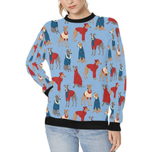 Load image into Gallery viewer, Greyhounds in Festive Winter Wear Sweatshirt for Women-Apparel-Apparel, Dog Mom Gifts, Greyhound, Sweatshirt-Sky Blue-S-5