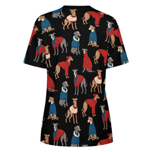 Load image into Gallery viewer, Greyhounds in Festive Winter Wear Women&#39;s Cotton T-Shirt-Apparel-Apparel, Dog Mom Gifts, Greyhound, Shirt-12