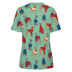 Greyhounds in Festive Winter Wear Women's Cotton T-Shirt-Apparel--27