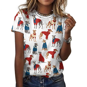 Greyhounds in Festive Winter Wear Women's Cotton T-Shirt-Apparel-Ivory White-2XS-1