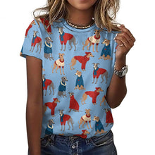 Load image into Gallery viewer, Greyhounds in Festive Winter Wear Women&#39;s Cotton T-Shirt-Apparel-Sky Blue-2XS-15