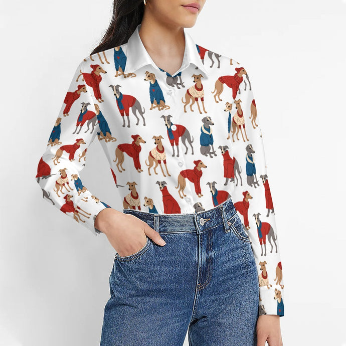 Greyhounds in Festive Winter Wear Women's Shirt-Apparel-Apparel,Dog Mom Gifts,Greyhound,Shirt-1