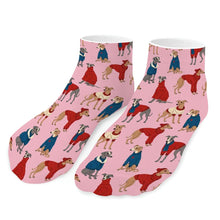 Load image into Gallery viewer, Greyhounds Socks - Ankle Length - Greyhounds in Festive Winter Wear-Accessories-Accessories,Dog Dad Gifts,Greyhound,Socks-Pink-One size-1