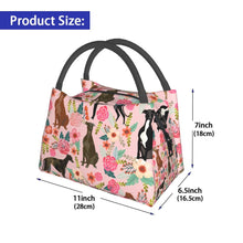 Load image into Gallery viewer, Size image of a Greyhound / Whippet lunch bag in an adorable Greyhounds / Whippets in bloom design