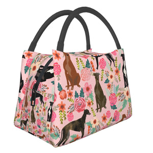 Image of a Greyhound / Whippet lunch bag in an adorable Greyhounds / Whippets in bloom design
