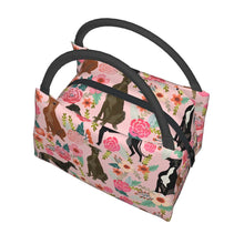 Load image into Gallery viewer, Top image of a Greyhound / Whippet lunch bag in an adorable Greyhounds / Whippets in bloom design