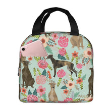 Load image into Gallery viewer, Image of an insulated green color Greyhound lunch bag with exterior pocket in bloom design