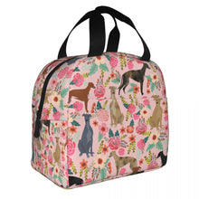 Load image into Gallery viewer, Image of an insulated pink color Whippet lunch bag in bloom design