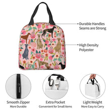 Load image into Gallery viewer, Information detail image of an insulated pink color Greyhound bag with exterior pocket in bloom design