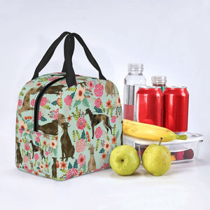 Image of an insulated green color Greyhound lunch bag in bloom design