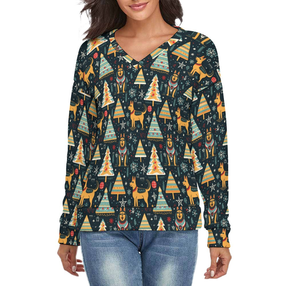 Groove Guardian German Shepherds Women's V-Neck Christmas Sweater-Apparel-Apparel,Christmas,Dog Mom Gifts,German Shepherd,Sweater,Sweatshirt-S-2
