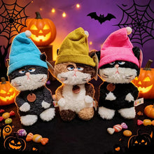 Load image into Gallery viewer, Halloween Cat Plush - Grumpy Elf Hat Black and White Cat-5