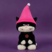 Load image into Gallery viewer, Halloween Cat Plush - Grumpy Elf Hat Black and White Cat-Pink hat cat-30cm-1