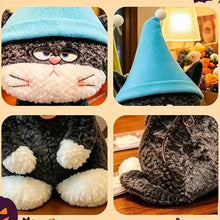 Load image into Gallery viewer, Halloween Cat Plush - Grumpy Elf Hat Gray and White Cat-10