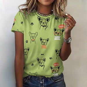 Hand Drawn Boston Terriers All Over Print Women's Cotton T-Shirt - 4 Colors-Apparel-Apparel, Boston Terrier, Shirt, T Shirt-Green-2XS-2