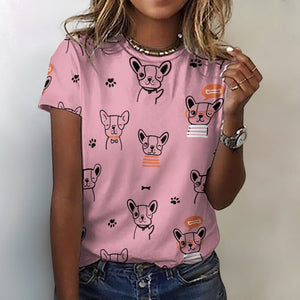Hand Drawn Boston Terriers All Over Print Women's Cotton T-Shirt - 4 Colors-Apparel-Apparel, Boston Terrier, Shirt, T Shirt-Pink-2XS-3