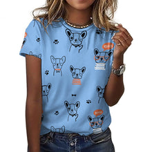 Load image into Gallery viewer, Hand Drawn Boston Terriers All Over Print Women&#39;s Cotton T-Shirt - 4 Colors-Apparel-Apparel, Boston Terrier, Shirt, T Shirt-Blue-2XS-1