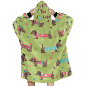 Hand Drawn Chocolate Dachshunds in Love Blanket Hoodie for Women-Apparel-Apparel, Blankets-12