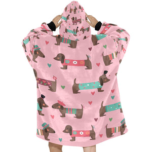 Hand Drawn Chocolate Dachshunds in Love Blanket Hoodie for Women-Apparel-Apparel, Blankets-4