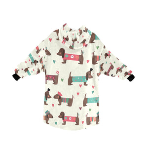 Hand Drawn Chocolate Dachshunds in Love Blanket Hoodie for Women-Apparel-Apparel, Blankets-7