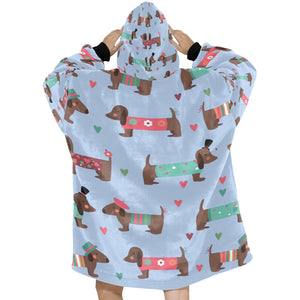 Hand Drawn Chocolate Dachshunds in Love Blanket Hoodie for Women-Apparel-Apparel, Blankets-8