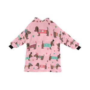 Hand Drawn Chocolate Dachshunds in Love Blanket Hoodie for Women-Apparel-Apparel, Blankets-Pink-ONE SIZE-1