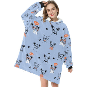 Hand Drawn Frenchies Blanket Hoodie for Women - 4 Colors-Apparel-Apparel, Blankets, French Bulldog, Hoodie-Blue-3
