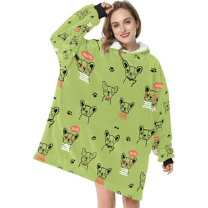 Hand Drawn Frenchies Blanket Hoodie for Women - 4 Colors-Apparel-Apparel, Blankets, French Bulldog, Hoodie-Green-7
