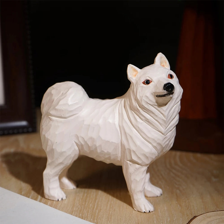 Handmade Wood Carved Samoyed Small Statue Figurine White 750x