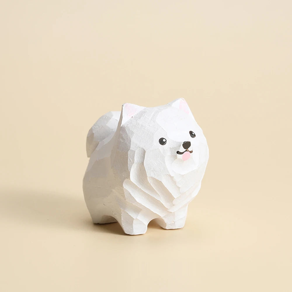Handmade Wood Carved Samoyed Tiny Figurine